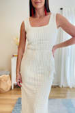 This is a unique little number in a warm cream color that flatters any skin tone. I love the crochet look, it adds a retro spin to the dress. Very ladylike from the front, then you turn to the side with the slits, all sass. I love the tassel detail on the belt. I also appreciate the modest neckline as my toddler climbs all over me, so this keeps things PG. This versatile midi dress hits all the right notes. Bonus: she's fully lined! See more @thestylestrudel - Sonja B.
