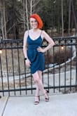 I was sooo excited to get this dress. Wore it to a wedding last March and it might be my favorite thing ever. It's a little bluer than in the pics I think, but it looked and felt great. Straps were a tiny bit too long, but my mom was able to sew them a bit shorter for me. I think if you have a bigger bust, the straps would be no problem. - Delaney T.