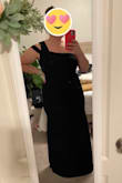 I ordered this dress as an option for a black tie optional wedding. Really pretty dress and very figure flattering for being petite and curvy. fabric is thick and has a lot of stretch. i chose to keep a different style but will keep this dress in mind for future events! I had ordered this in dark green in a L and black in XL and while both fit I was more comfortable in the XL. Would have needed to be hemmed. - Becky B.