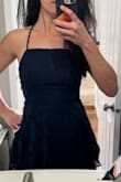 This dress is very pretty and flattering, but the quality was so so. One of the layers on top seemed crooked and the string that pulls together to the back is pretty thin. Since it's the only thing holding the top up it is important and seems like it might fray easily. It is very pretty on. I didn't like the quality as much as another dress I ordered from Lulus so this one went back. It is also very long which can kind of be a pain for a wedding and the material isn't as thick so I wasn't sure I could get away with no bra as easily when you are dancing at a wedding and jumping around a lot. If the tiers were a little shorter I think it might be more manageable. - Elisabetta S.
