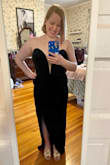 I was originally considering it in pink, but then we were asked to wear black for the wedding, so I decided to order both in different sizes since the black was going in and out of stock. I figured if the pink worked in a medium I'd keep that for another occasion and find something else in black, but the black in large worked perfectly! I will say I did also fit into the medium comfortably, BUT my cleavage is a little more subtle in the large which is preferable Hopefully I can find heels high enough that I don't need to get it altered, but I will say as a petite person it doesn't drag nearly as much as a lot of maxi dresses tend to. Can't wait to get better pictures, but mirror selfies have to do for now! - Natalie S.