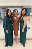 Absolutely in love with this jumpsuit! I did have to get a large, but alterations were a must as it was just way too long even with heels on. Alterations were easy and completed by local seamstress. Was a bit tight in the under boob section (I'm sorry, I don't know what to call that area Lol) but as the night went on became less snug. I got so many compliments and was so happy that I was able to maneuver around without anything dragging or straps falling off my shoulders. Beautiful color! Perfect for a wedding or night on the town. I dressed it up heels and dressed it down with sneakers when my feet became sore. - Nicole M.