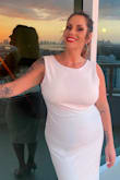 The material is very stretchy and flattering. I wore boob tape to cover my nipples/shape my breasts and wore nude no-show panties. The dress is so incredible. The front neckline is classy and the back is flirty while still remaining modest with the length. So obsessed And perfect for a white party on a yacht in Miami! - Hillary P.
