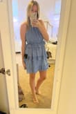 I normally wear a medium in all Lulus clothes but this I ended up sizing down so it wouldn't gape under the arms. The waist is stretchy, so sizing down wasn't a problem there. It looks like a solid color in the photo but it's a light and dark blue pattern. Love the dress! - Rebecca H.