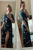 I love a good wrap dress -- it feels like I'm wearing a fancy robe. The pattern and color of this dress are great, and it's definitely long enough for me, even after washing it (and hanging to dry). The tag says to hand wash, but I put it in a small load of other hand-wash pieces and ran the washer on cold and delicate and I don't see any snags or rips or anything. It feels heavier than I was expecting, which is probably good for fall weather, and I plan to wear it for our courthouse wedding this fall! - Helena S.