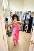 There were not reviews when I bought this dress so I have not clue that I will like the fit The material feel so  soft on my skin, it has a bit of stretch. The straps on the shoulders are adjustable as well as the ties that wraps around the back so you can pull them tighter around your back and waist. It really wasnt made for larger breast.The cups of the dress are smaller than I expected,  my boobs are  spilling a little over the top. Its a little big in the hip area but not notable.  love the dress and made me feel beautiful. I bought the Alta Orchid Suede lace-up heels too. - Maria S.