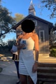 I ordered this for my rehearsal dinner and it fit like a glove! The material is stretchy and allowed me plenty of room to move. Lengthwise it hit right around mid-thigh and it did ride up some when I walked, but nothing too bad. After reading reviews about the material being stretchy and needing to size down I ordered the XS for fear the small wouldn't fit. A small would likely have fit my bottom half but it would have been too large in the bust and mid section. It was a little tighter across my thighs than I care for. Overall, it was the perfect dress for the evening! My only complaint it that I did not fully examine it prior to taking the tags off and there was a small hole in dress at the bottom of the zipper seam that had to be pinned closed to not expose myself. - Ginger C.