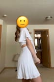 Okay, this dress is so sweet and cute and flirty!! The material is so soft and lightweight with a little bit of stretch. I first ordered a medium (in the pics) but it was a too loose in the waist area, and there was a little too much space under my boobs where I was afraid I might show some under boob with too much movement. I ordered a small instead which then fit perfectly in the waist but sadly had too little coverage for my boobs for my liking. Overall a beautiful dress but unfortunately I was awkwardly in between sizes. Would definitely recommend though I still love the dress :) - Lexi G.