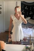 I'm usually a size 4 in dresses - I bought the small and medium and the small fit perfectly. But there is zero stretch so if you're in-between sizes and have any bust at all I'd size up. Not too short and the fabric is nice and thick. Perfect little cocktail dress! - McKenna D.