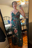 This dress is phenomenal. The fabric is heavy and feels lovely to the touch, the skirt swirls beautifully when walking or dancing, and the back look really nails the sexy-elegant balance. I don't have much of a waist to speak of (39-32-40), and the tie-waist helps me add a little definition if I want it. I've worn this with 2.5" heels and 1.5" heels, no problem either time, but I also have long legs and short torso. When I wear this dress, jaws drop, heads do double-takes, and compliments flow. I bought it for my organization's annual dinner last year, then wore it again for a wedding in Ottawa, a ball in DC, and soon another wedding in LA. - Elizabeth R.