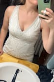 It's such a pretty fit in my pear shaped body! I might take in the chest area just a hair but it's also fine without. I'll most likely wear as my wedding dress! Such a cool vintage vibe without looking like a costume >
Also, length is just right with a low heel. - Adrian S.