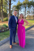 I needed a dress to wear to a friends wedding so I bought this dress in navy & pink. Navy is my comfort color but there was something so striking about the pink! It fit me perfectly; However, I did get it hemmed a little bit, so it wasn't dragging on the dance floor. I wore it with an average heel and a sticky bra (would recommend the petals or individual cups instead of the clear clip sticky bra). I received so many compliments and I felt so confident all night!! - Chelsea B.