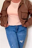 This is a cute "jacket"  It is more of the weight of a blouse and it is comfortable.  I wanted it to wear on a flight to south Florida and I'll wear it if there are any cool evenings.  Brown is very hard to find.  I like the garment, I wouldn't say I love it...yet.  Although, when I took the pictures, I'm liking it better. I let the website choose my size using my weight and height, etc.  I was going to order a small based on other reviewer's weight and height but I'm glad I got the medium. The sleeves are long.  I have them rolled up once but could probably roll twice. - Lisa H.
