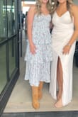I am usually in between a small and medium, but very happy that I went with a small! The chest area has a lil give so it wasn't too tight. Wore it to a spring wedding w cowboy boots and got a million complements! - Ava