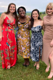 I purchased this dress for a friend's outdoor spring wedding and it was a hit! Received many compliments. The adjustable straps were helpful as I have a small chest so did not fill it out completely. I did safety pin the front together as when I sat down it had a tendency to shift more open than I wanted. The length was perfect for me! Plenty long enough to wear 2" heels. The dress is comfortable, easy to move in, and good quality. The underlayer is thick, which I like but it does make it a little less breathable. All around pleased with this purchase! - Melanie O.