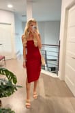 I loved the dress and I got all the way ready before realizing it had a huge line down the center (I guess a defect). Didn't have time to change and rethink outfit so I wore it but was super disappointed. Would have given it 4-5 stars if not for this. Fits TTS. - Rebecca P.
