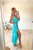 The moment I pulled this dress out of the bag I NEW it was keeper! The color is unlike anything else I have ever owned. I ordered a small and MAY need to take in the sides up by my armpits - if I'm being picky. It has adjustable straps too. The neckline is beautiful. The feel is luxurious. I love that it has a slit and a mermaid loose cut. I ordered this for a rehearsal dinner by the beach! - Lynn H.