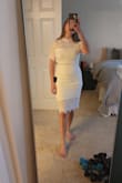Such a beautiful white dress. I almost wore this as my elopement dress but ended up going with something different. 

Runs slightly big. I typically wear a small and got this in x-small.  For reference, I wear most Lulus dresses in an x-small.  It's a little tight so it shows off your figure nicely - Kaitlyn L.