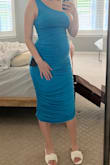 Cant wait to wear this to my friends wedding the blue color is stunning in person and in photos. Currently 27 weeks pregnant and I only purchased one size up above my usual pre-pregnancy size. (Normally a small, got a medium) looks so cute with the bump! - Sarah H.