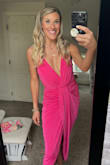 Never in my life have I worn hot pink, but I'm so glad I took a chance with this dress because I love it!!!!!!! I don't typically wear tight-fitting dresses either, but this was so comfortable & the ruching/gathering in the front made me feel comfortable too!!! I did have to use fashion tape and nipple covers, but it worked out perfectly & the dress got lots of compliments! - Savannah E.