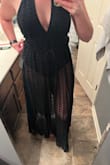 Originally it came tied with the straps like a cami & as you can see creates a weird side boob pooch. Then I tied it as a halter & now a side pooch at my waist. Length of the bodysuit was good but the chest & waist was too big. Also, the hem is an unfinished edge, so I have a feeling it will fray very quickly. - Molly S.