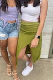 I absolutely love the material of this skirt. It reminds me of something I had growing up. It's slinky and comfortable and hugs all the right curves. Super cute color for summer. - Morgan C.