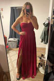 This dress was great and I LOVE the color! It is a darker red than in the photo online but still a great color. It was definitely too long though. I needed to take 3 inches off the bottom even with 4-inch heels. I also wish the slit was a little higher so in general I am just too short for this dress. - Alex S.