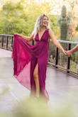 This dress will fit almost any body type and is very long. I used for engagement photos back in the fall and it was stunning!! I did not hem it for the photos, but if I were to wear it for an even I would have hemmed the front. I am also wearing flats at 5'8. I am also typically a medium in dresses and I was able to wear a size small in this one. - Anna M.