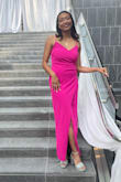 I absolutely loved this dress and got so many compliments on it! The only issue is when I sat down, the slit opened up even higher and I had to physically hold it closed to prevent flashing everyone. This can be solved with some fashion tape, or a clothes pin. But loved the color and how comfortable the material is. Another problem is underwear lines can be seen when wearing this dress so I decided not to wear underwear but not everyone is comfortable with that. - Jordan P.