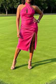 I'm a Medium but for this dress, I followed the reviews and got a small. I have an athletic frame and the dress structure is a bit different in the hips. But getting a small made it perfect! The dress has hips if that makes sense. My desired fit was fitted so that's what I got. I am obsessed with this dress! Love the color, love the slit, love that it's lined! - Annette P.