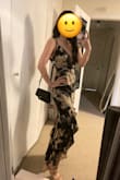 I love this dress. It was a much lighter material than I was expecting but that made it even better to wear for a June wedding. Im 55 and wore 3 inch heels and the dress just barely grazed the floor so it was a perfect length with heels. Long torso but slim girls may have a little issue with where the hip placement is on the dress. Medium probably would have been a better torso length for me but would have been too baggy. I chose to stick with the small, the hip placement was barely noticeable. Got compliments all night! - Holly M.