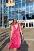 Wore to Taylor swift concert! Going to also wear to a wedding this summer. Great material. Fit me like a glove, like always! Material is a bit satiny, hard to describe. After a steaming, it was perfect. - Emily P.