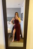 I LOVED this dress. When I bought it originally it fit perfectly but then lost a little weight so it was sightly bigger than I had hoped but still worked great!
The slit is pretty high and the length is pretty long - I wore heels and it was perfect length for my height.
Has a decent amount of stretch and I got so many compliments - Kerry I.