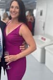 Love this dress! I am an athletic build, and it hugged me in all the right places. Length was also spot on, I am 5'7" and wore a 3.75 inch heel. I was even able to change into flipflops for dancing and was not stepping or tripping over it. The color is a bit darker than pictured with the model, but still a beautiful color. Also want to add, for all my hot and sweaty ladies (it happens) the color did not bleed or show any signs of my sweaty dancing self. Would absolutely recommend this dress. - Ashley S.