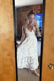 I got this as a potential reception dress for my wedding, and it is cute but I'm disappointed by the fabric/feel, especially for the price. It's pretty itchy and the tie straps in the back are sharp and feel like they could snap at any moment. I'll probably end up using it for my rehearsal dinner or something though! - Andrea D.