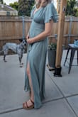 I love the color! The dress is long, but I purchased more of a platform heel and I don't think I'll have to get it altered. It's a very pretty dress and I was pleasantly surprised by the quality. It's my first Lulu's order and after trying this dress I'm sure I'll order more in the future. - Rebecca I.