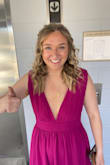 I LOVE the fit and the color! I was nervous at first because I don't normally wear plunge necklines, but I am not worried about it after trying it on! I usually wear a large but a medium fit me so well with this dress! I am short, about 5'3-5'4", so I had to get it hemmed. My chest is smaller and doesn't fill it out all the way, but I got the straps altered to be pinned slightly! I got so many compliments at my formal and am so glad I ordered this! - Jade R.