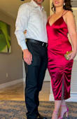 Ok, this dress, especially for the sale price, is a dream! I almost purchased the Large but it would have been too tight in the hips. My hips are 42-43 inches. The dress feels silky and is fully lined. I have never felt this sexy in a dress! I'm a full C-cup and would have been even more spectacular if I was a D-cup. I still feel as though they fill out the top well enough and there is no feeling of boob slippage at all. I threw on some light, short shapewear under it because it will show bumps and cellulite even though the fabric is a decent thickness. I will be wearing this in Vegas for a dinner date with my hubby. - Sarah S.