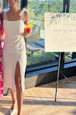 Wore for my engagement party and received so many compliments! Felt like a princess in this dress. Did not require any alterations and was true to size! I love that it was double lined so I didnt have to worry too much about undergarments showing through. So comfy, stretchy and lightweight-- obsessed with this dress! - Allison K.