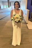 I was worried this dress would be too long. It was perfect with heels. I am breastfeeding and was able to wear a bra. I recommend a veil to hide the bra strap in the back. - Anahi V.