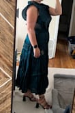 It runs a little large which isn't great since it's already a bulky dress. I feel like I am too big to pull off this look. It's pretty from the front but that's it. Color and material are stunning though. - Maggie S.