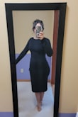 This dress is amazing. The fabric is just right for this shape of the dress too; it's thick but stretchy. I ordered large because that was what the Lulus program was telling me. I think a medium would have also worked since the fabric has a little give. I think the front could have a little more going on since it does look too serious compared to the back. But overall, it bangs! I am going to be wearing this out on a date night after my wedding. - Dina L.