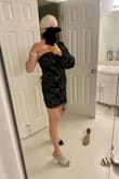 This dress was beautiful and received many compliments. I first purchased M but was way too small and short. Returned for an L and fits pretty well. A little loose on top but not too bad (I didn't need tape). Material is beautiful. - Lisa H.