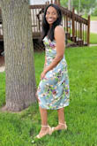 I wore this to an outdoor wedding. I absolutely loved the look and feel of this dress. The colors of the flowers really popped and I loved the ruching near the tummy area. My only critique was that I had to be careful when the wind blew due to the split in the front of the dress. - Debby A.