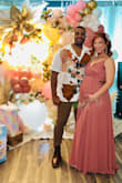 I bought this dress for my baby shower dress. I usually wear a size medium pre-pregnancy but I sized up and got a Large and it fit perfectly. I did need some help with the zipper. The bust area was a little loose and bigger on me because I'm small breasted. I wear a size B in bra so it was big in that area but otherwise, it fit beautifully! I absolutely loved this dress. It's so elegant and beautiful! - Janique R.