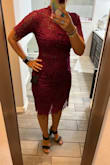 I love this dress, quality is good. I'm a curvy on the bottom girl. Usually, I'm a medium on top and large on bottom. So I was nervous this would be too big on top (I ordered a large). But it's not it fits great. I got it for a wedding but I plan to wear it for a Christmas party as well. I found the color to be a little brighter in person than in the photo. The photo online is more of a muted color. I would say this is more vibrant. Either way, it's a keeper. - Yolonda L.