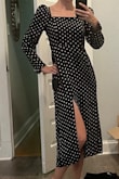 This dress had a really strange fit. Overall, it fits well, except the sleeves were very puffy. I think it's a part of the "princess sleeve" style, but it was a bit too strange for me. I guess it's not my style. Were it not for the slit, I think it would be quite a dowdy dress. It felt a bit like a vintage dress. Maybe from the 80s? - Samantha C.