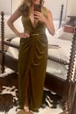 I got lots of compliments on this Dark Mustard Velvet Twist front dress. The color to me looks more on the green side than golden but it's still beautiful. If I had more time, I would have had the straps taken in some to avoid flashing anyone but I solved this issue by styling it with a belt which kept everything pulled down as well as some "boob glue". I'm 5'2 / 122 lbs and more on the athletic build side for reference. I wore a size small. The dress was a little long but was fine with 3-inch heels. I look forward to wearing this again someday or adding a sweater on top for the holidays. - Claudia P.