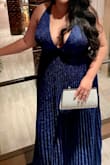 This dress was beautiful! It fits long even with 3.5" heels. You'll need boob tape if you have large breasts as it is difficult to wear a bra with it. Nice and flowy and very comfortable. The fabric has a beautiful shimmer without worrying about leaving a trail of glitter. - Karen C.