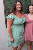 I love the color of this dress and it looks great on. I got so many compliments I even had friends ask to borrow it. It's fitted in the breast area but then loose around the hips. - Julie W.